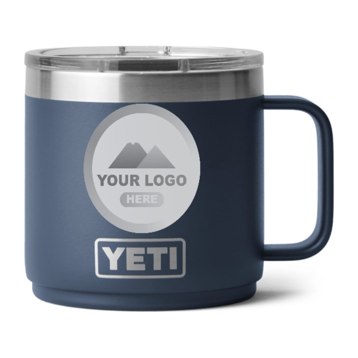 YETI Rambler 14 oz stackable mug in Navy, laser engraved with a sample logo