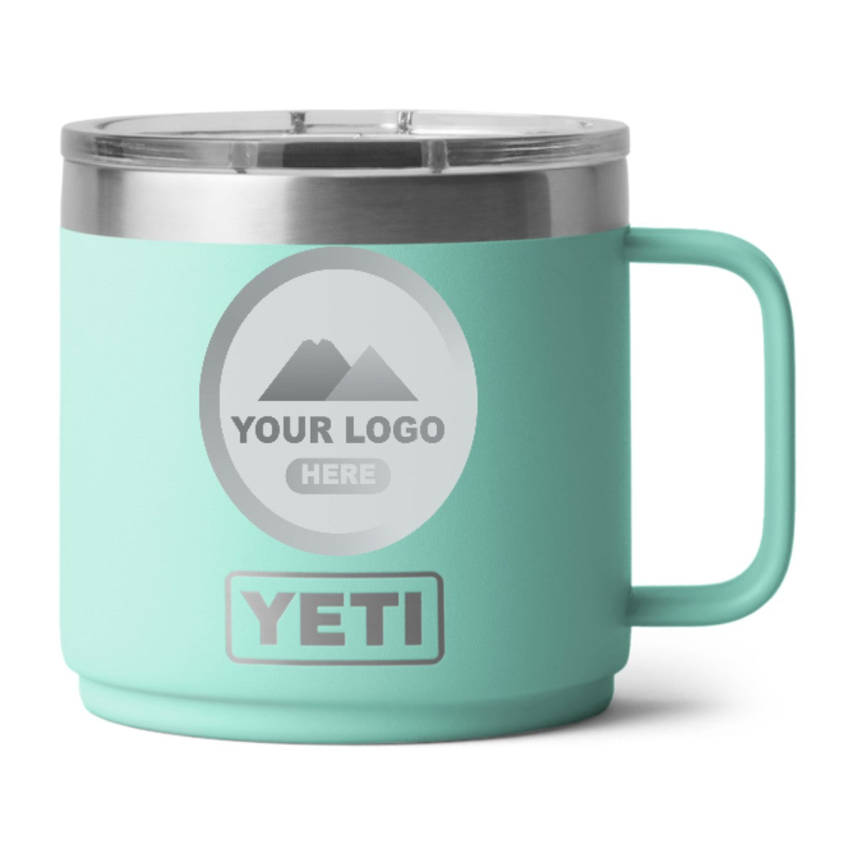 YETI Rambler 14 oz stackable mug in Seafoam, laser engraved with a sample logo