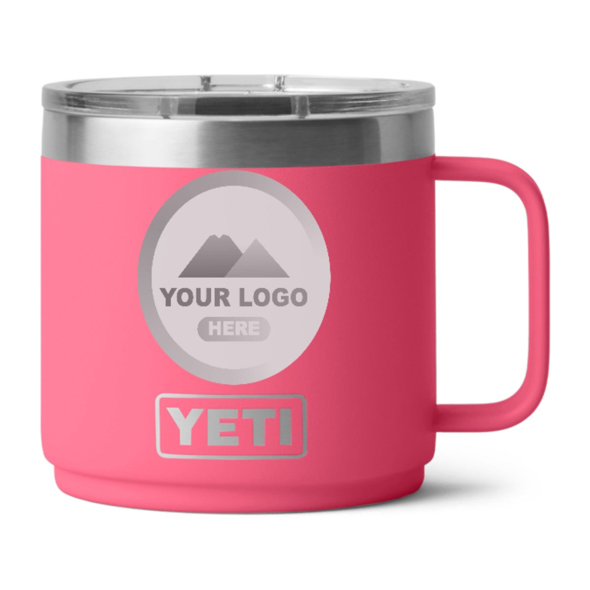 YETI Rambler 14 oz stackable mug in Tropical Pink, laser engraved with a sample logo