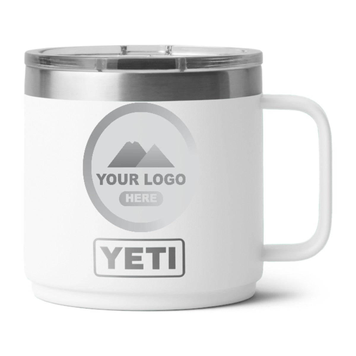 YETI Rambler 14 oz stackable mug in White, laser engraved with a sample logo