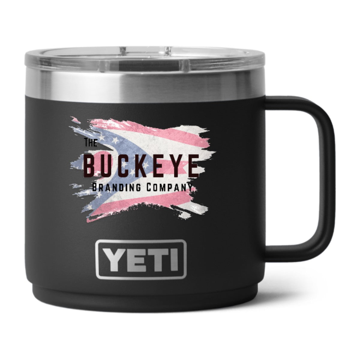 YETI Rambler 14 oz. stackable mug in Black, UV printed with a full-color sample logo