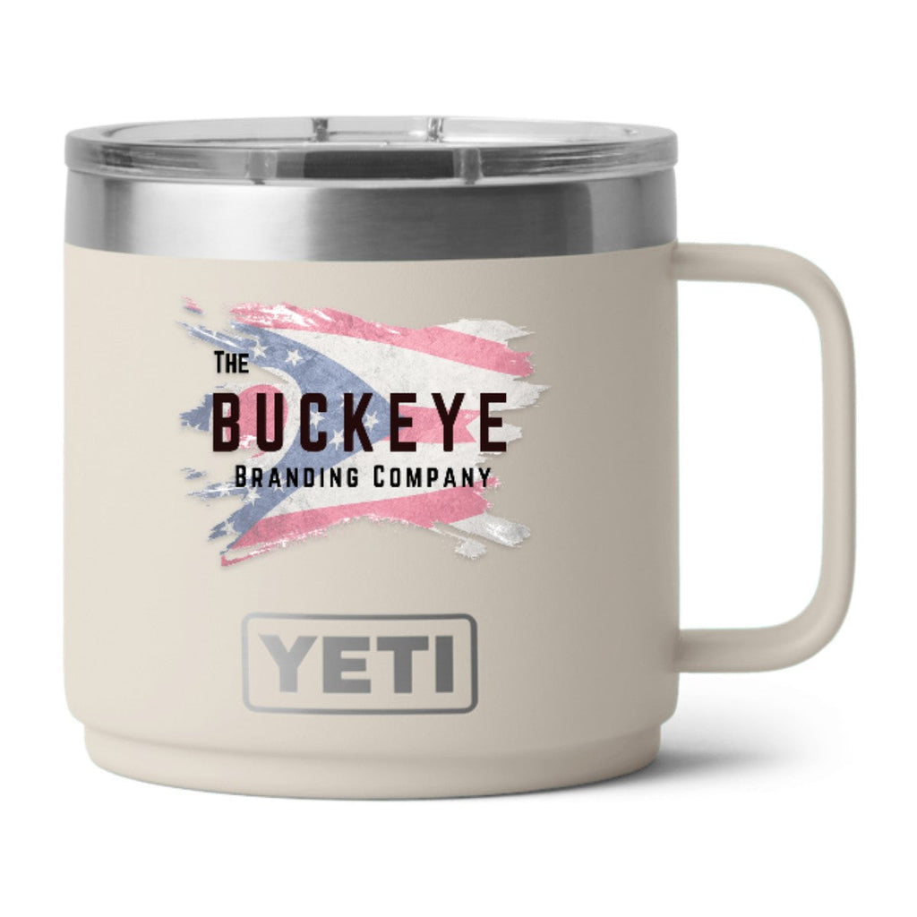 YETI Rambler 14 oz. stackable mug in Cape Taupe, UV printed with a full-color sample logo