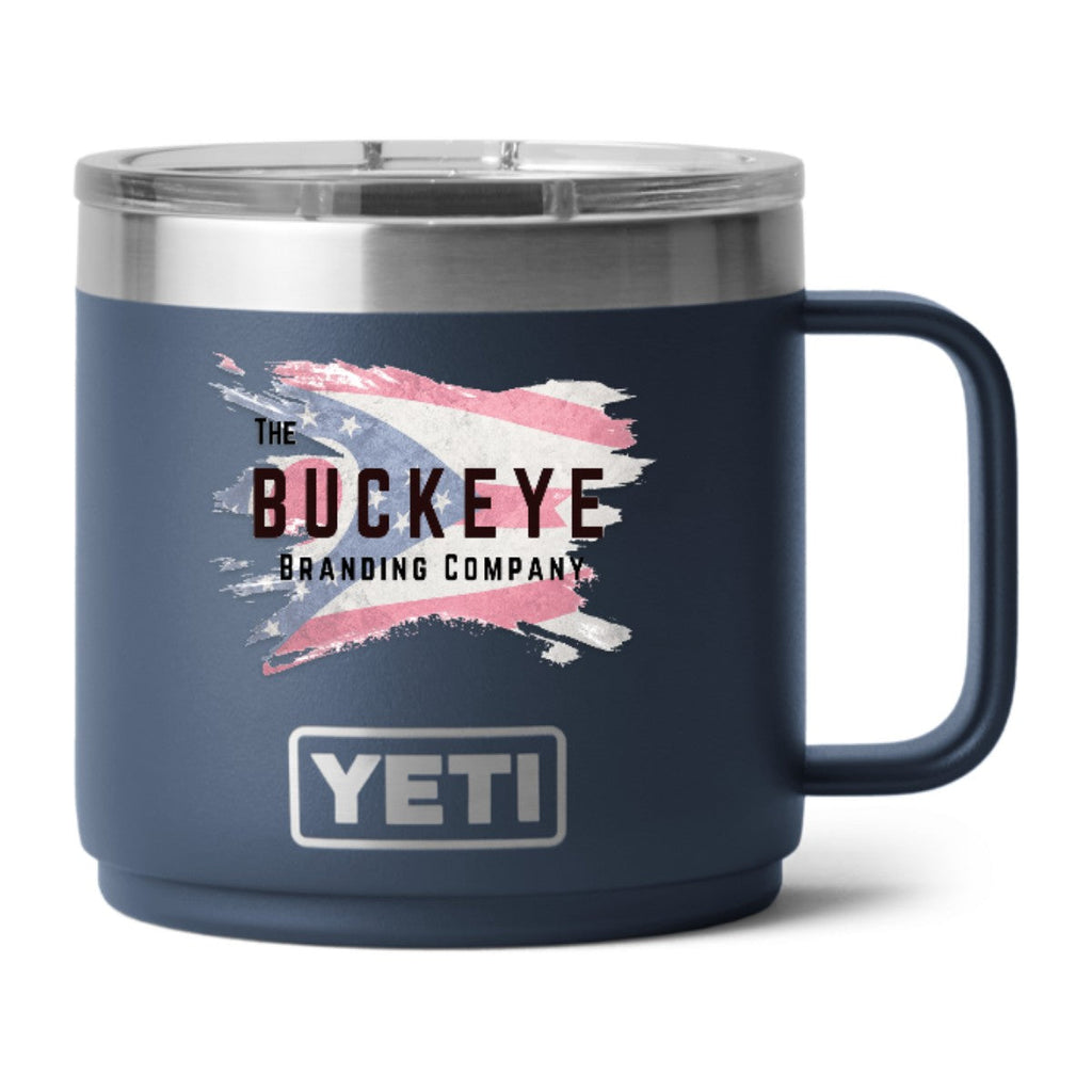 YETI Rambler 14 oz. stackable mug in Navy, UV printed with a full-color sample logo