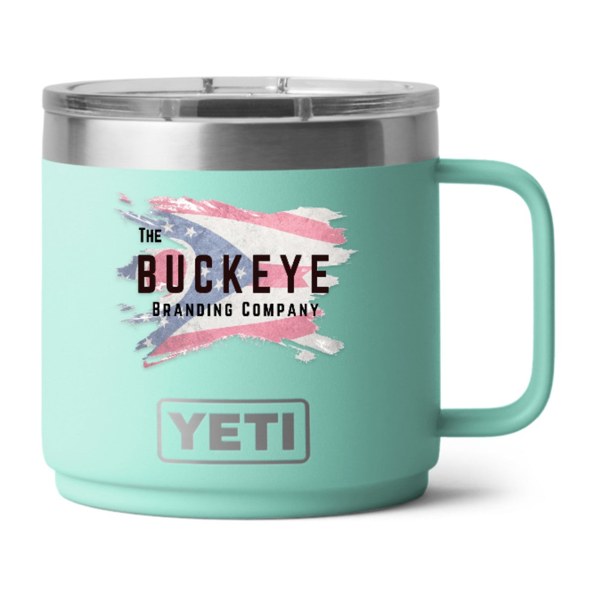 YETI Rambler 14 oz. stackable mug in Sea Foam, UV printed with a full-color sample logo