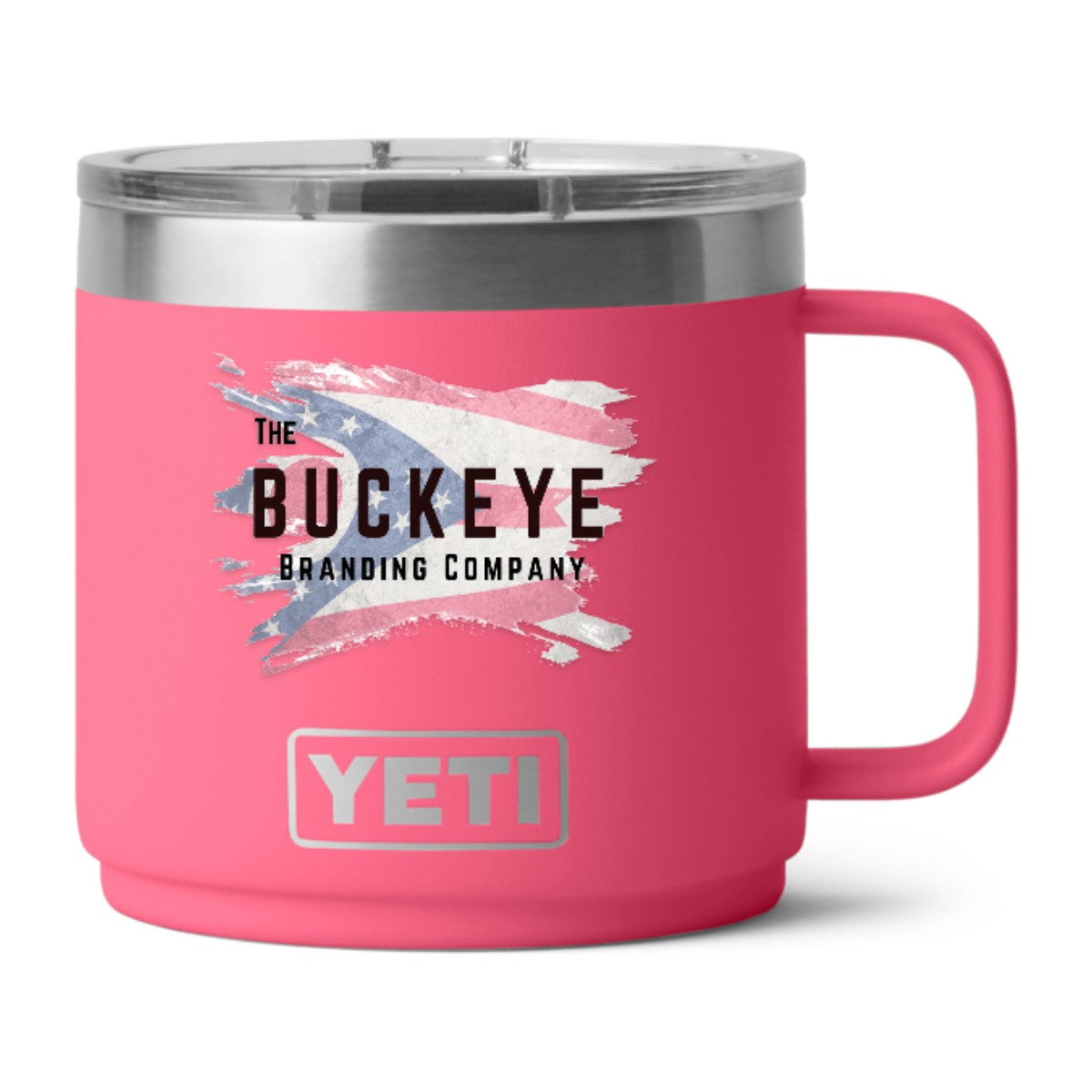 YETI Rambler 14 oz. stackable mug in Tropical Pink, UV printed with a full-color sample logo