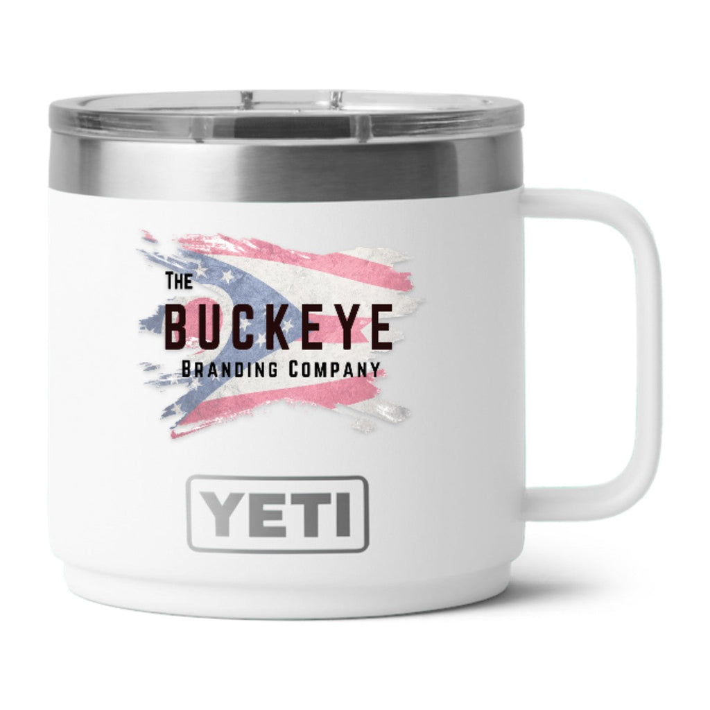 YETI Rambler 14 oz. stackable mug in White, UV printed with a full-color sample logo