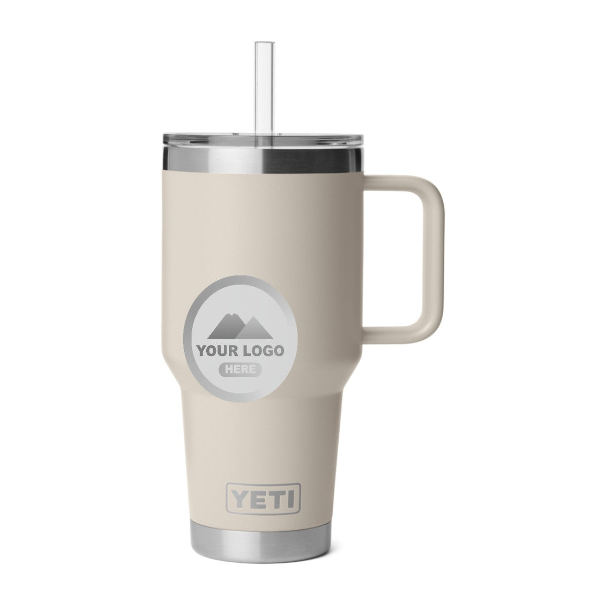 YETI 35 oz straw mug in Cape Taupe, laser engraved with a sample logo
