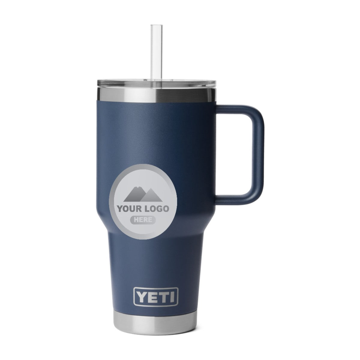 YETI 35 oz straw mug in Navy, laser engraved with a sample logo