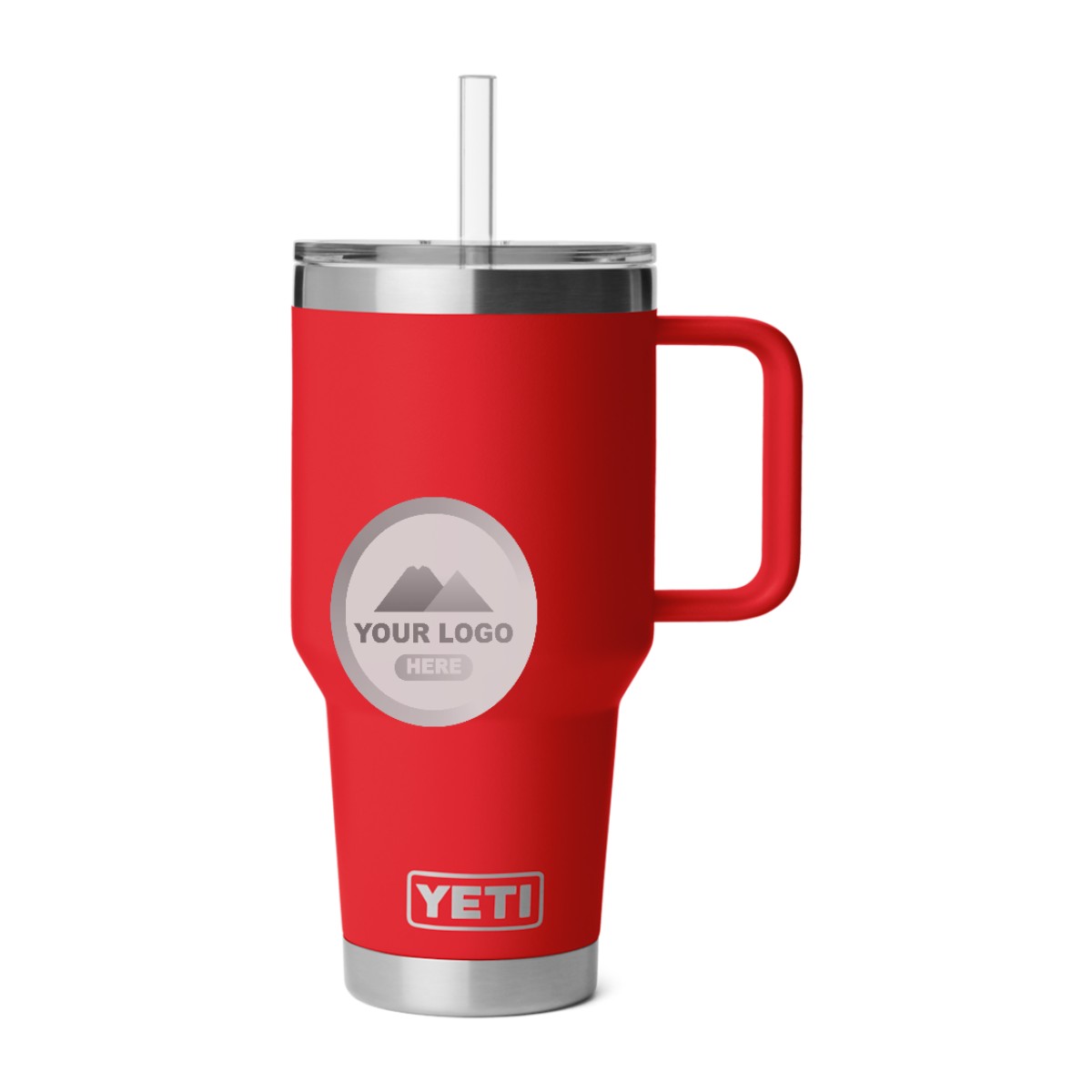 YETI 35 oz straw mug in Red, laser engraved with a sample logo