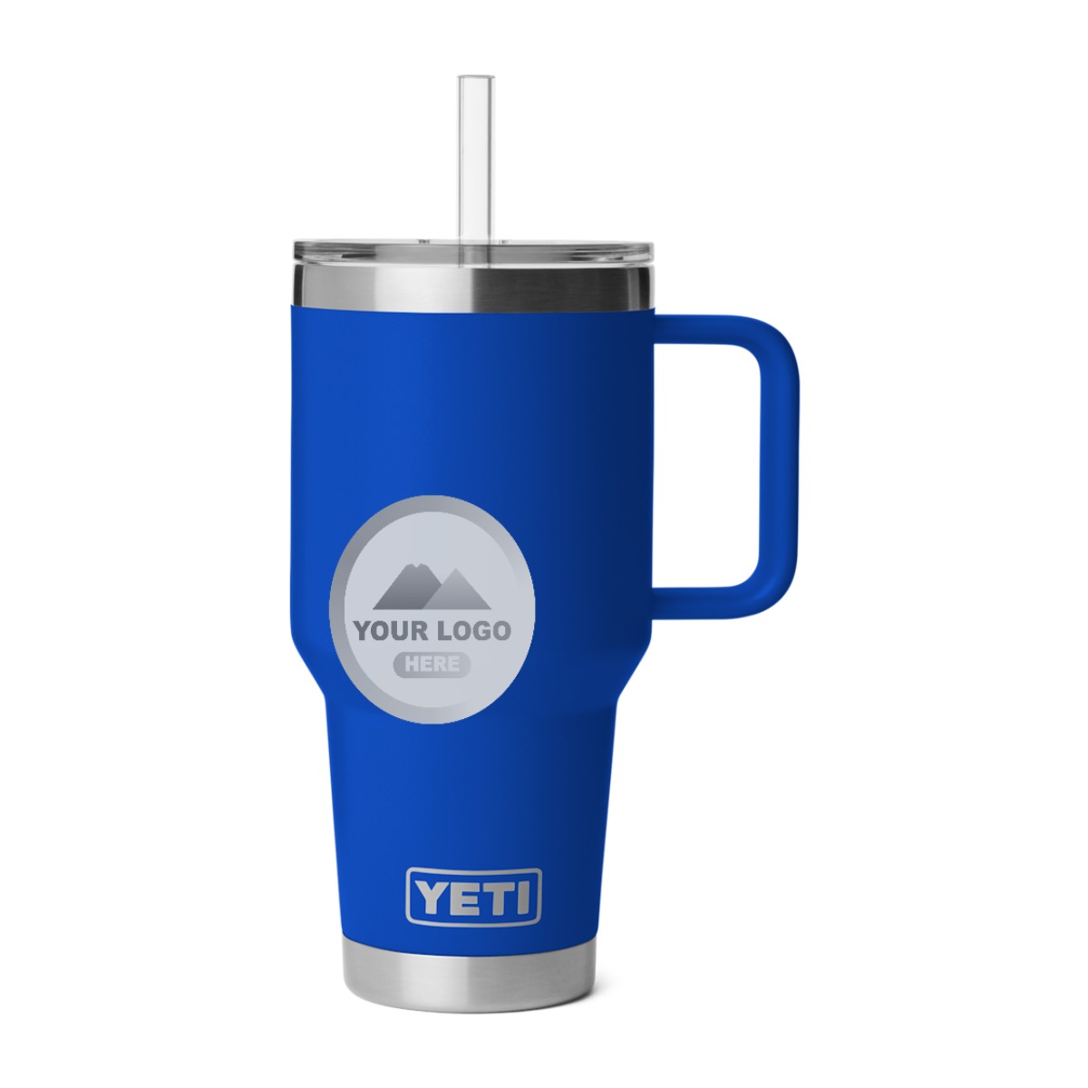 YETI 35 oz straw mug in Royal Blue, laser engraved with a sample logo