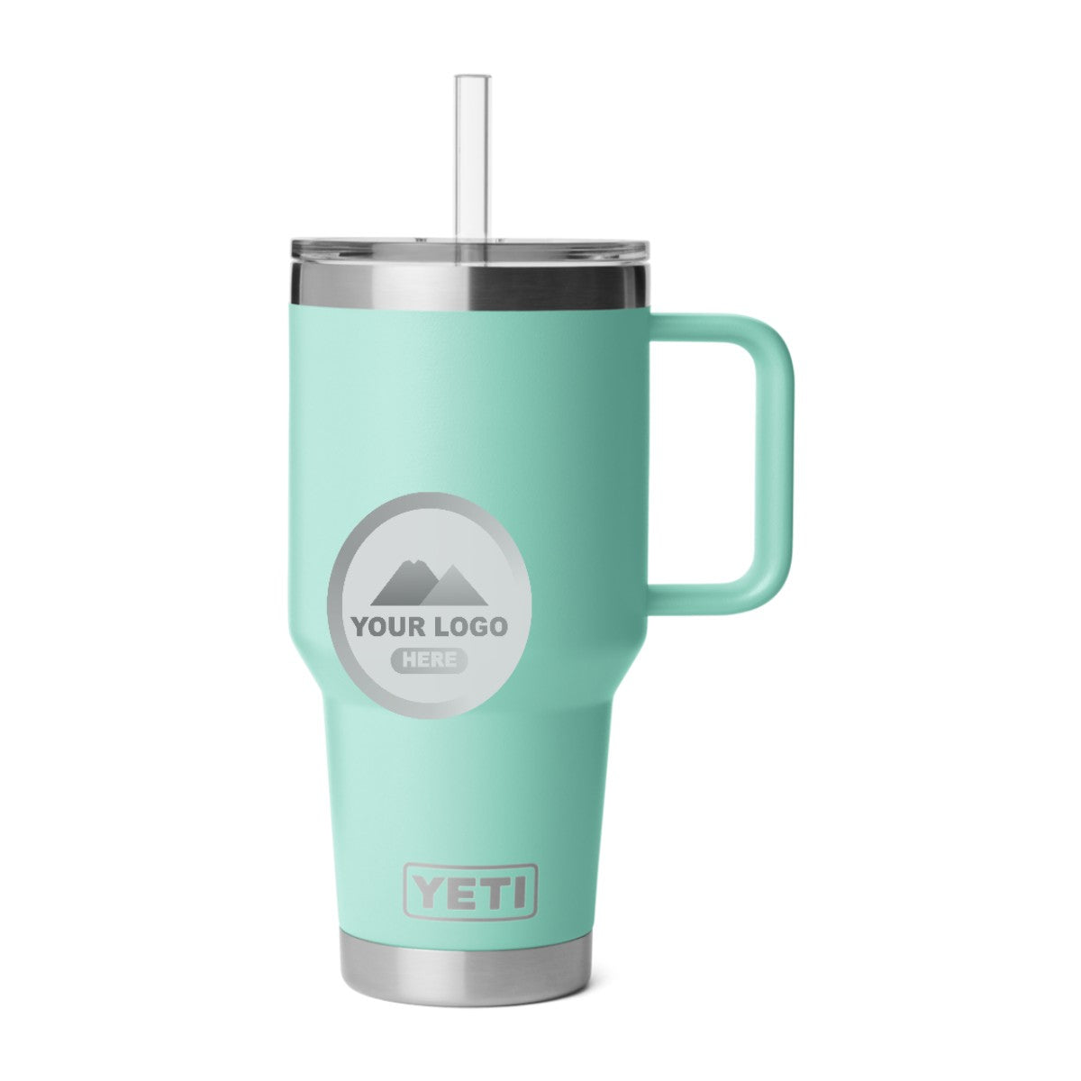 YETI 35 oz straw mug in Seafoam, laser engraved with a sample logo