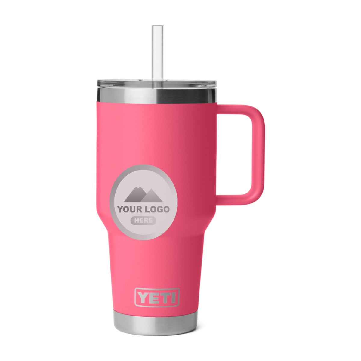 YETI 35 oz straw mug in Tropical Pink, laser engraved with a sample logo
