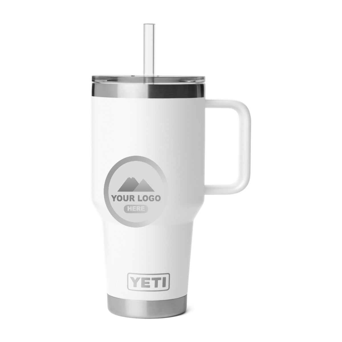 YETI 35 oz straw mug in White, laser engraved with a sample logo