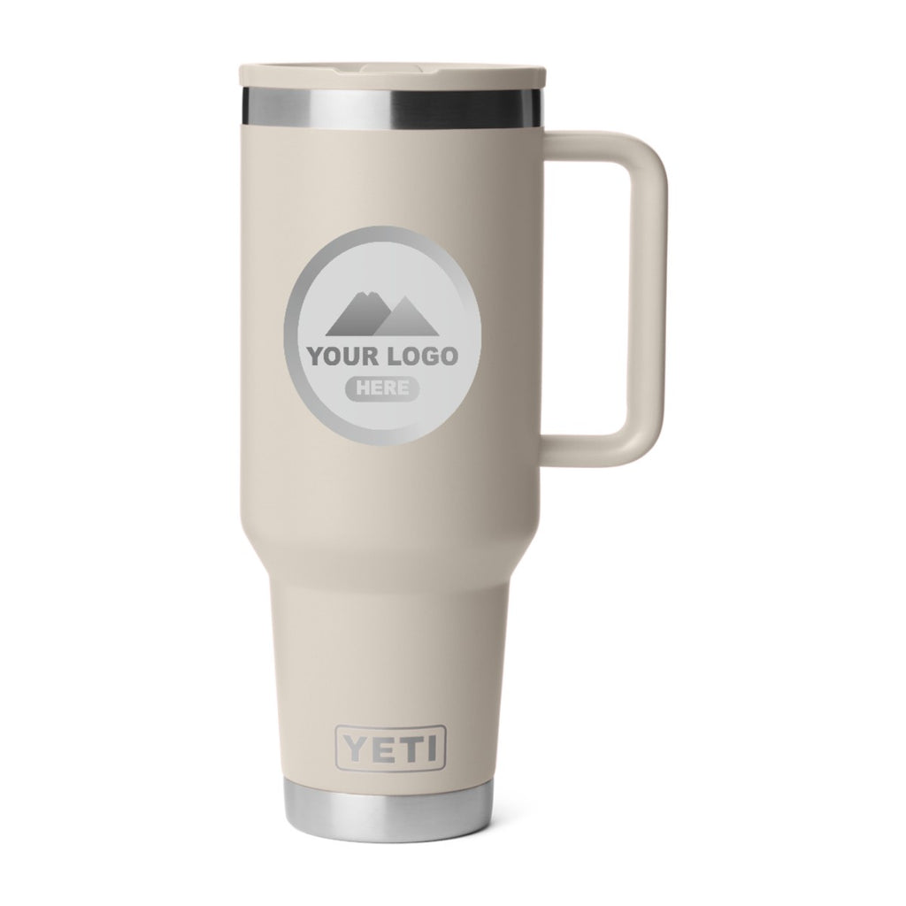 YETI Rambler 40 oz travel straw mug in Cape Taupe, laser engraved with a sample logo