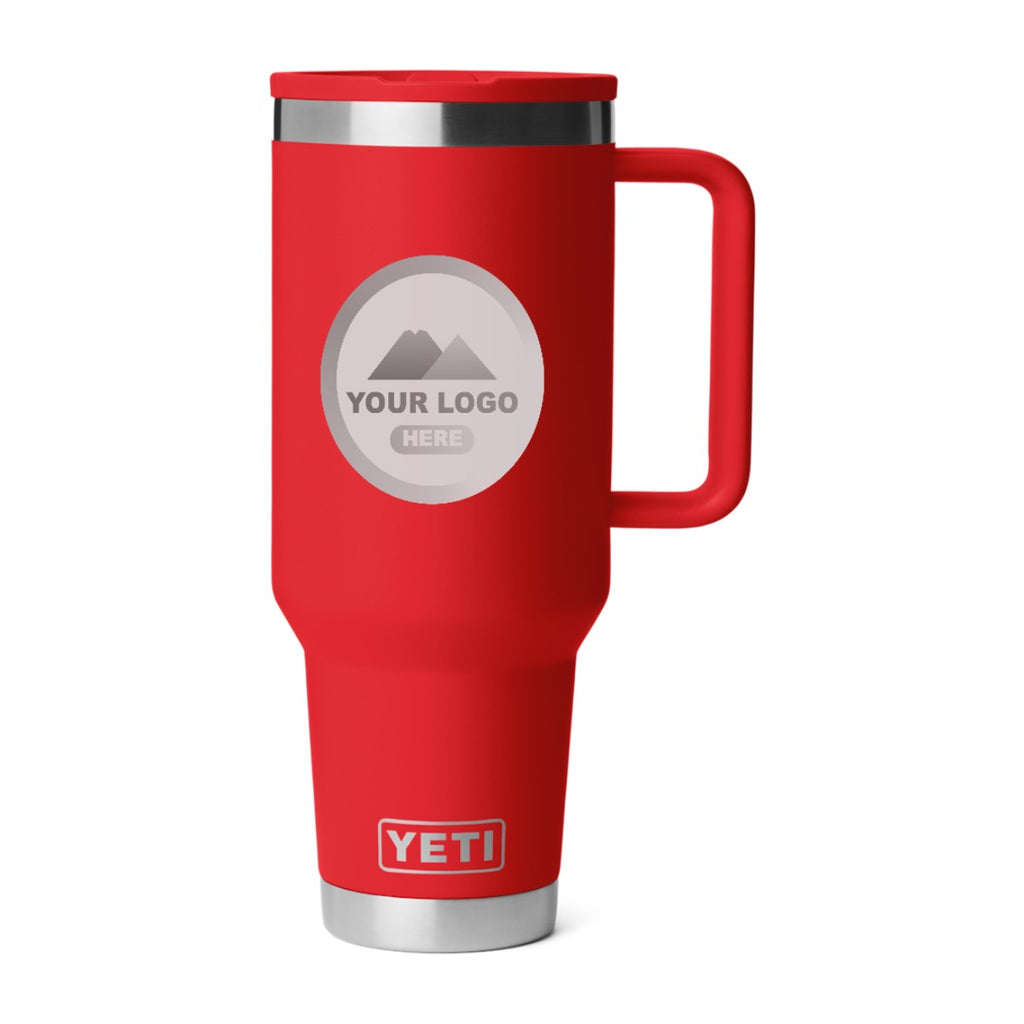 YETI Rambler 40 oz travel straw mug in Red, laser engraved with a sample logo
