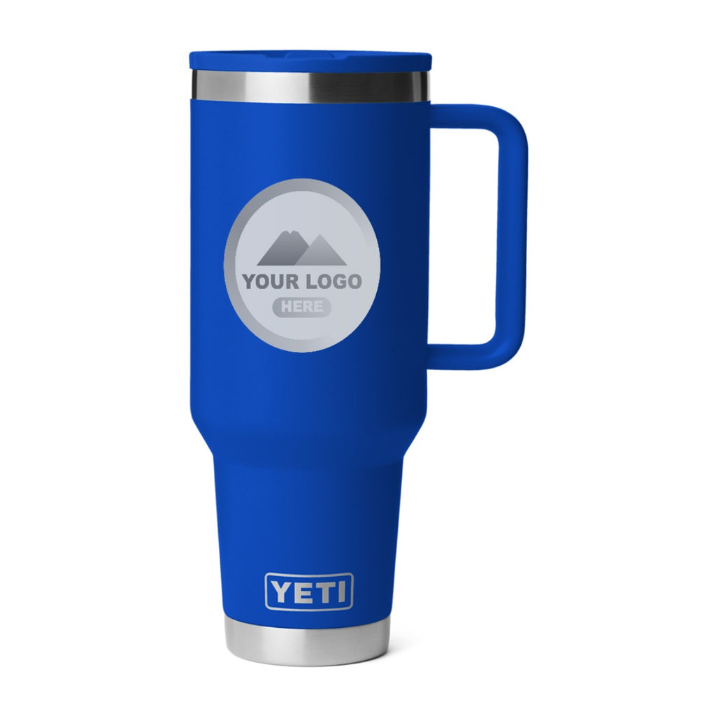 YETI Rambler 40 oz travel straw mug in Royal Blue, laser engraved with a sample logo