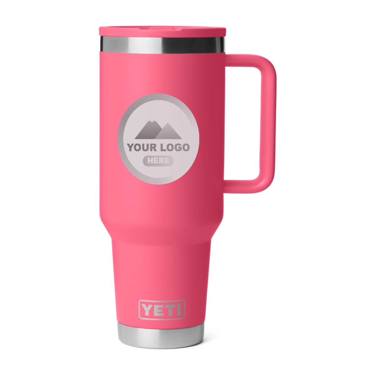 YETI Rambler 40 oz travel straw mug in Tropical Pink, laser engraved with a sample logo
