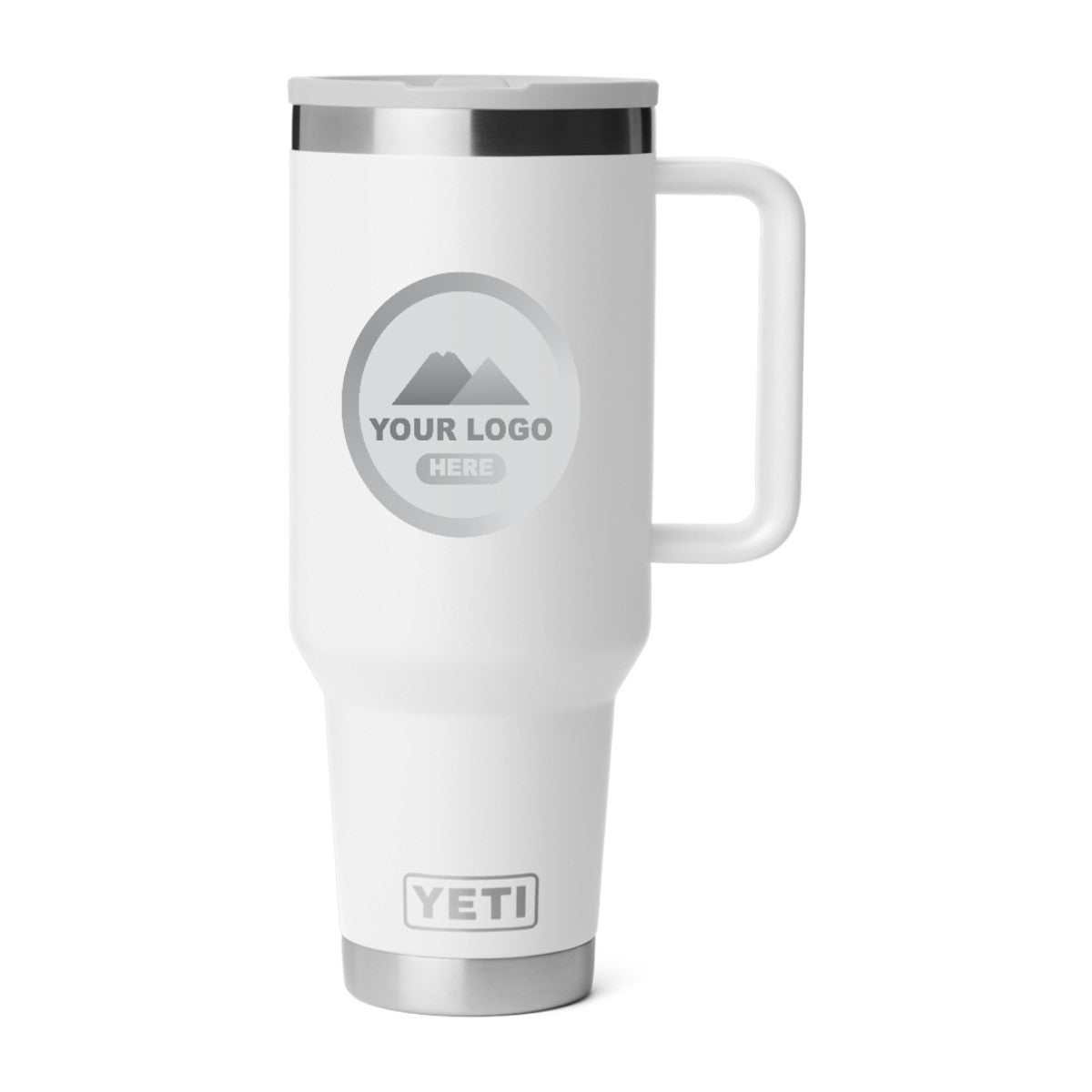 YETI Rambler 40 oz travel straw mug in White, laser engraved with a sample logo