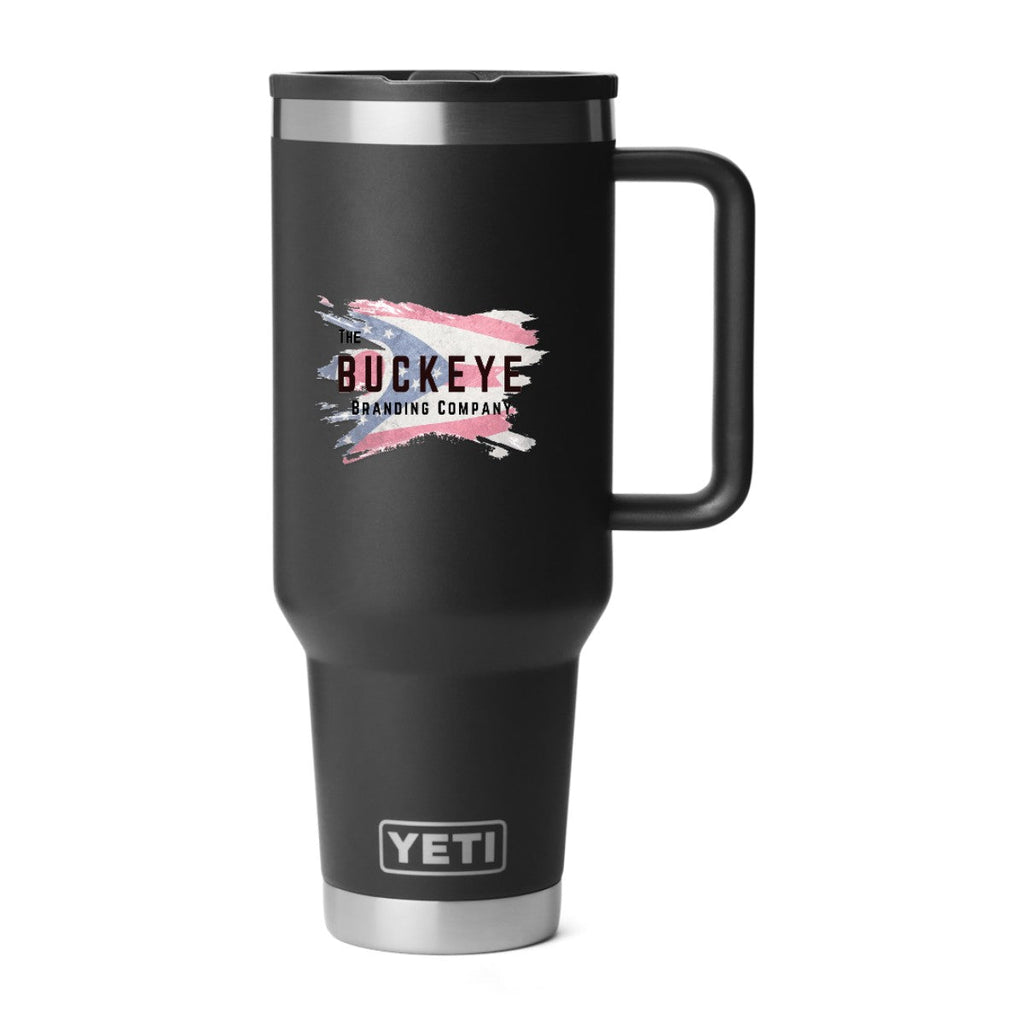 YETI Rambler 40 oz. travel straw mug in Black, UV printed with a full-color sample logo