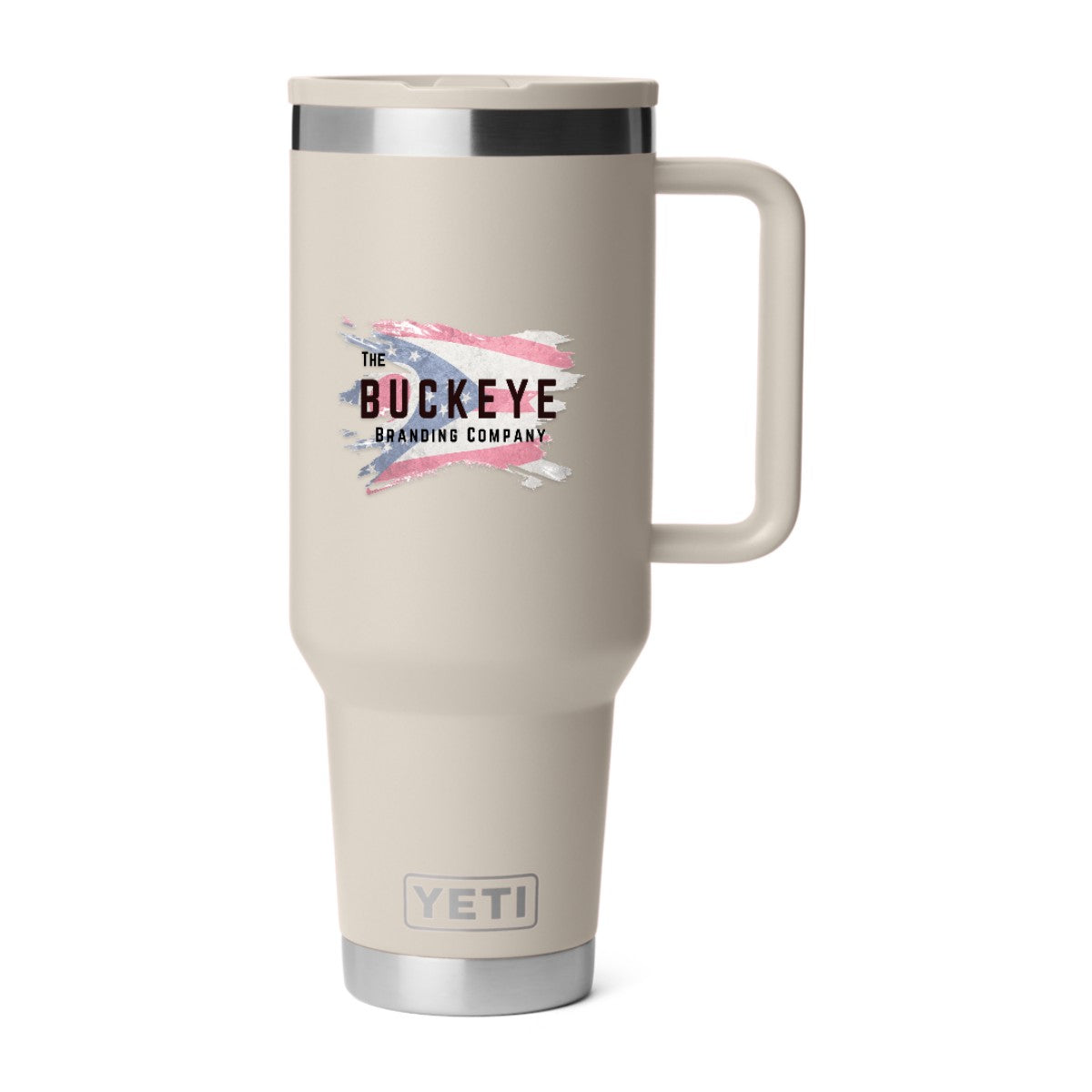 YETI Rambler 40 oz. travel straw mug in Cape Taupe, UV printed with a full-color sample logo