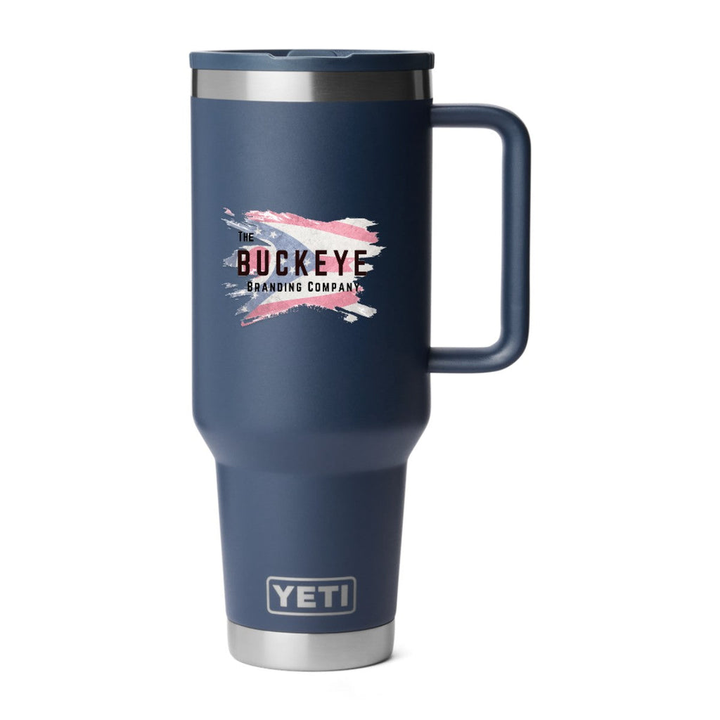 YETI Rambler 40 oz. travel straw mug in Navy, UV printed with a full-color sample logo