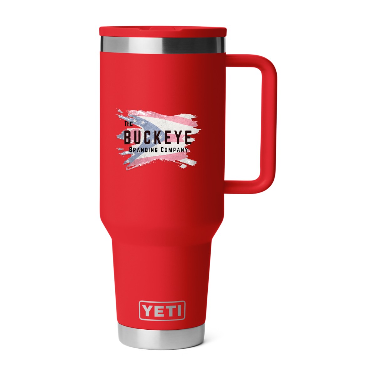 YETI Rambler 40 oz. travel straw mug in Red, UV printed with a full-color sample logo