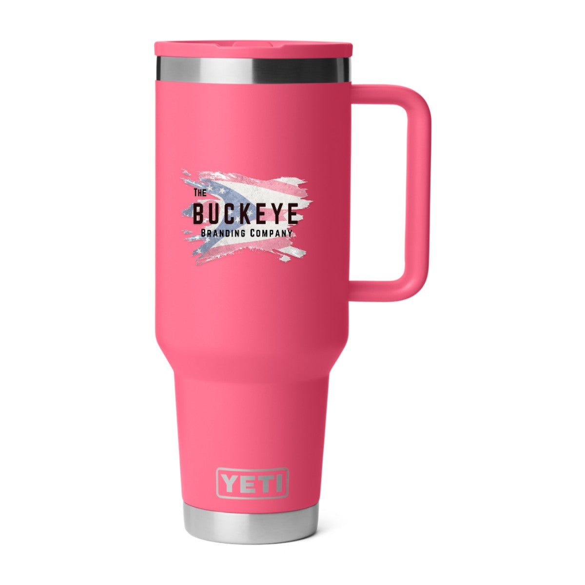 YETI Rambler 40 oz. travel straw mug in Tropical Pink, UV printed with a full-color sample logo