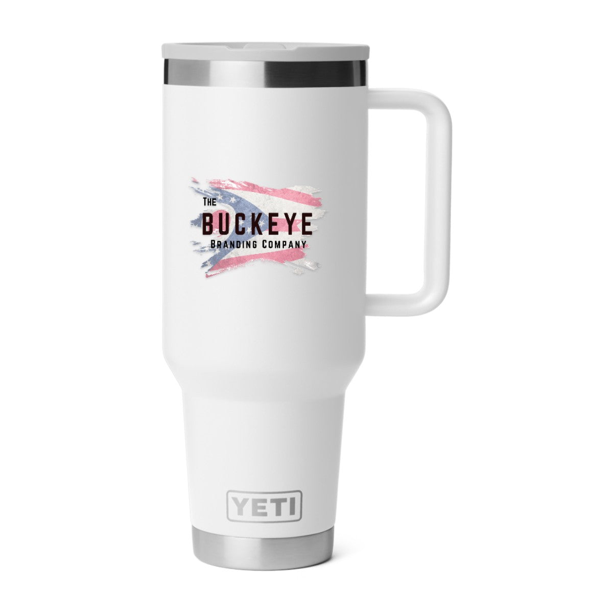 YETI Rambler 40 oz. travel straw mug in White, UV printed with a full-color sample logo