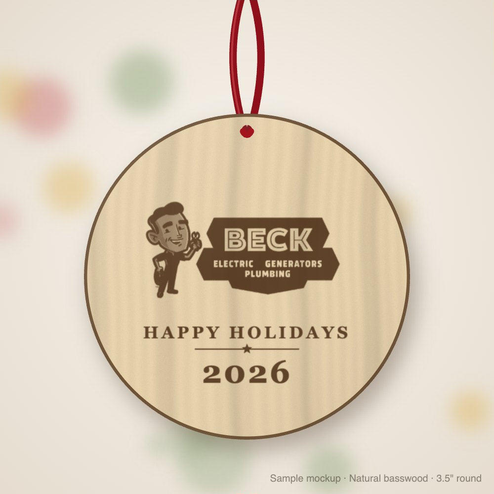 Beck Electric Logo Christmas Ornament in natural basswood (sample mockup)