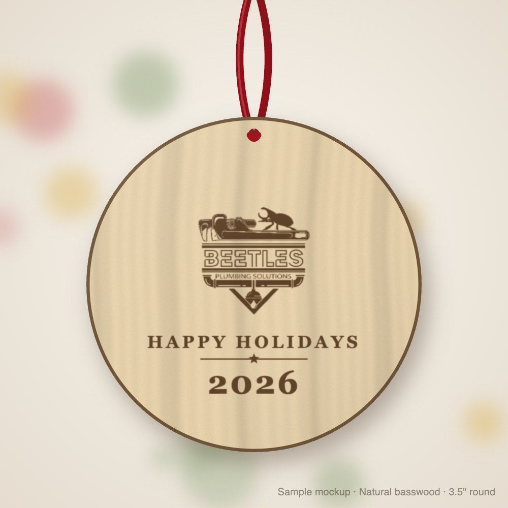 Beetle's Plumbing Logo Christmas Ornament in natural basswood (sample mockup)