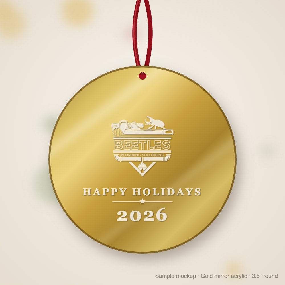 Beetle's Plumbing Logo Christmas Ornament in gold mirror acrylic (sample mockup)