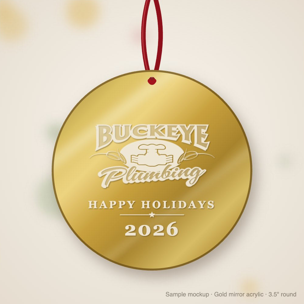 Buckeye Plumbing Logo Christmas Ornament in gold mirror acrylic (sample mockup)