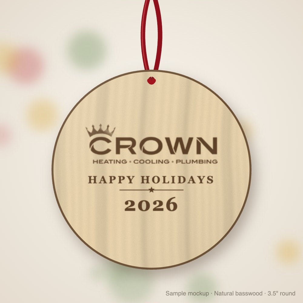 Crown Logo Christmas Ornament in natural basswood (sample mockup)