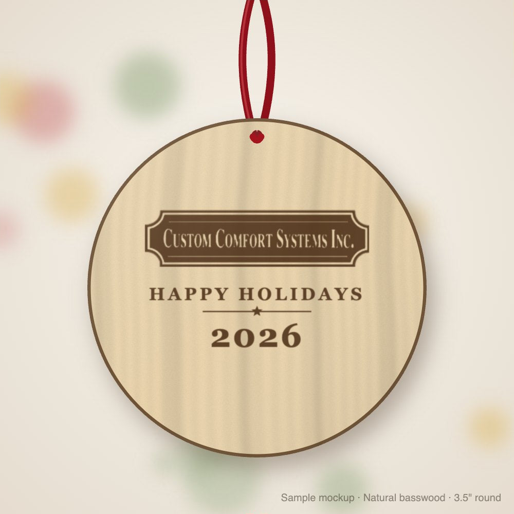 Custom Comfort Systems Logo Christmas Ornament in natural basswood (sample mockup)