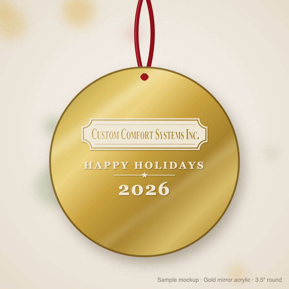 Custom Comfort Systems Logo Christmas Ornament in gold mirror acrylic (sample mockup)