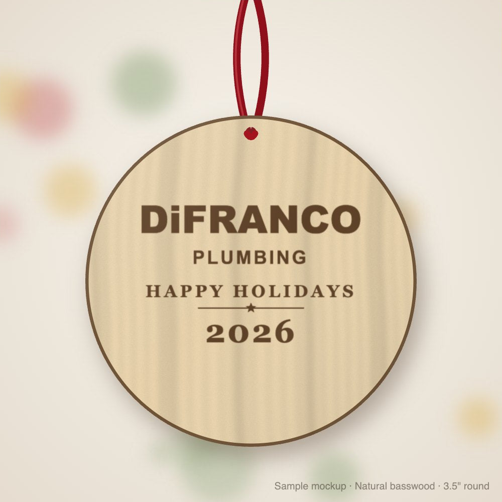 DiFranco Plumbing Logo Christmas Ornament in natural basswood (sample mockup)