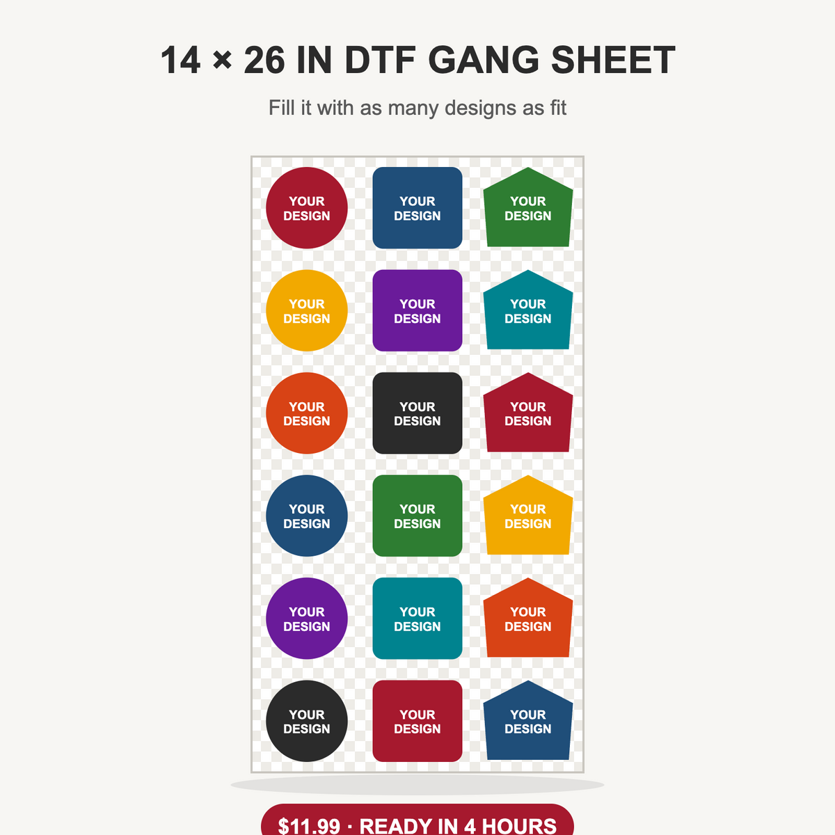 14 x 26 inch custom DTF gang sheet filled with designs, $11.99, ready in 4 hours