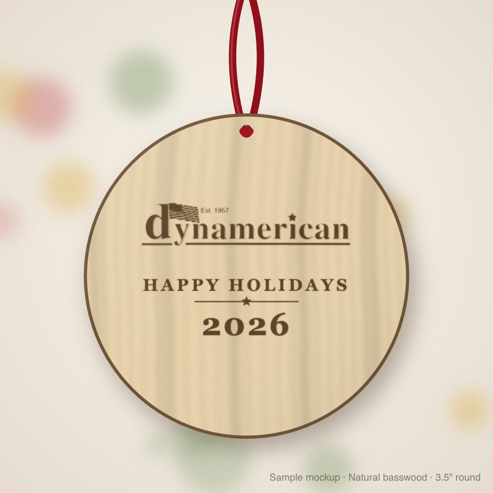 Dynamerican Logo Christmas Ornament in natural basswood (sample mockup)