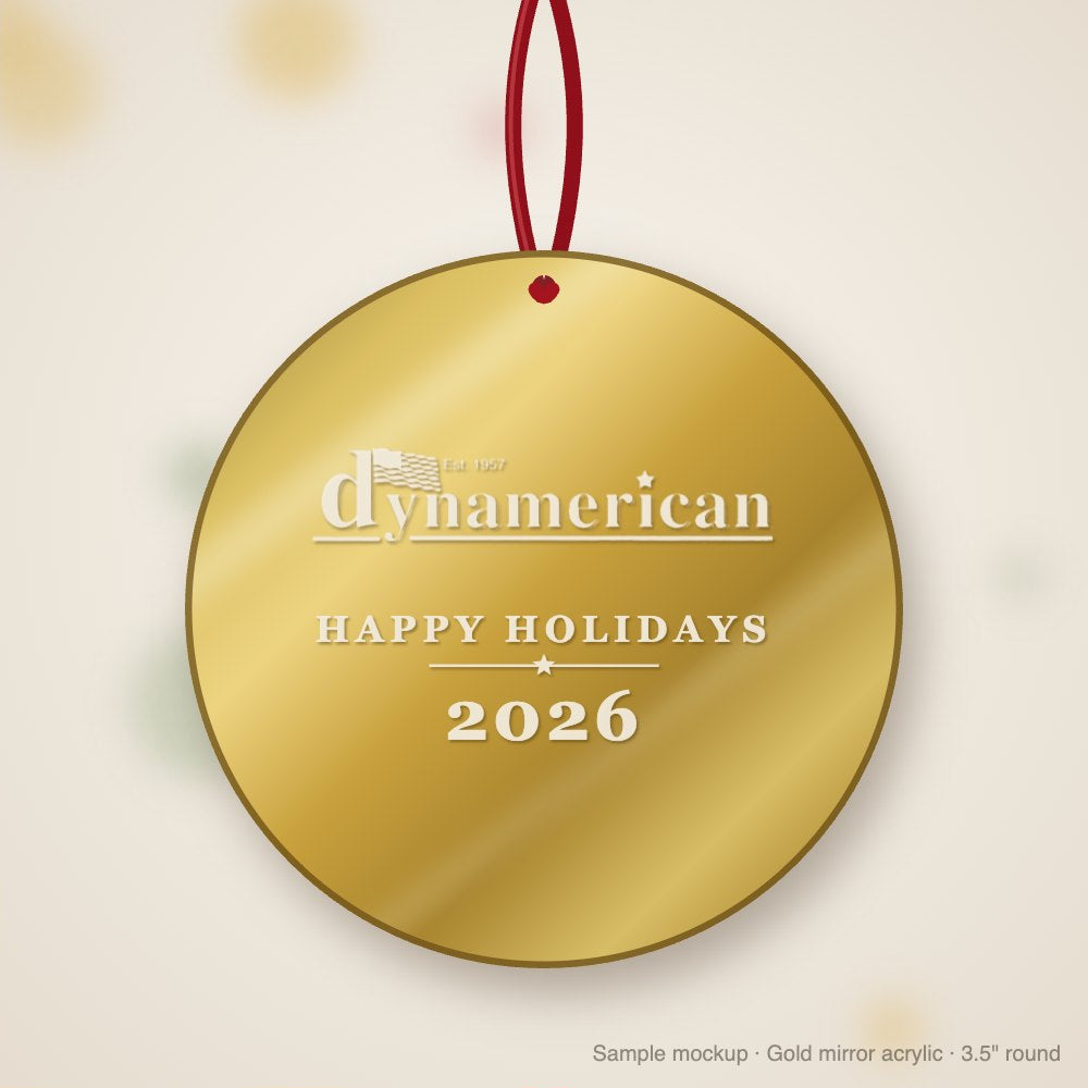 Dynamerican Logo Christmas Ornament in gold mirror acrylic (sample mockup)