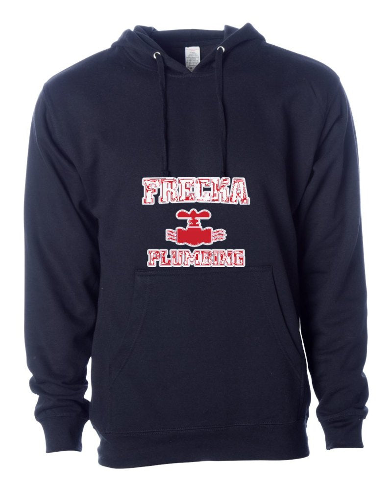 Frecka Plumbing Independent Trading Hoodie in Classic Navy (sample mockup)
