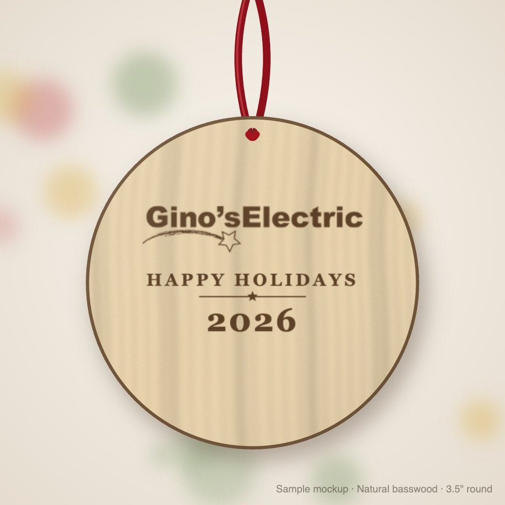Gino's Electric Logo Christmas Ornament in natural basswood (sample mockup)