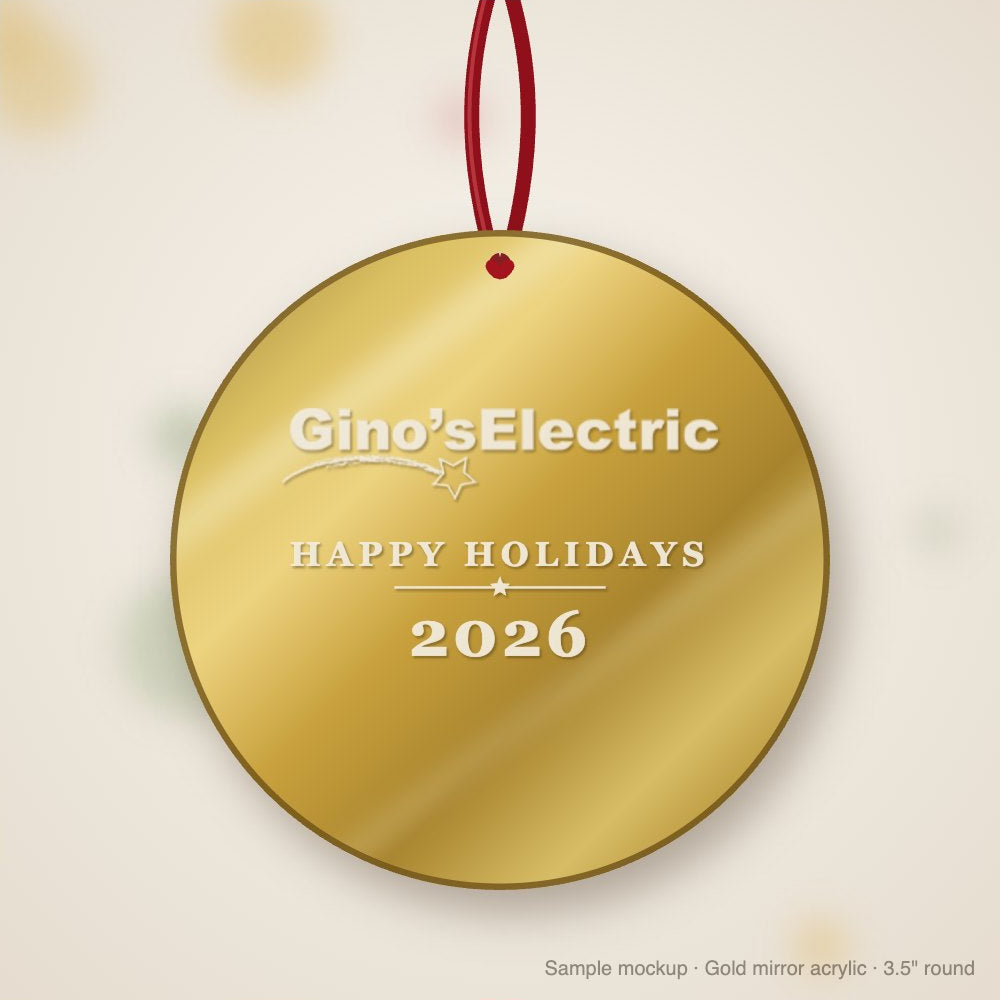 Gino's Electric Logo Christmas Ornament in gold mirror acrylic (sample mockup)