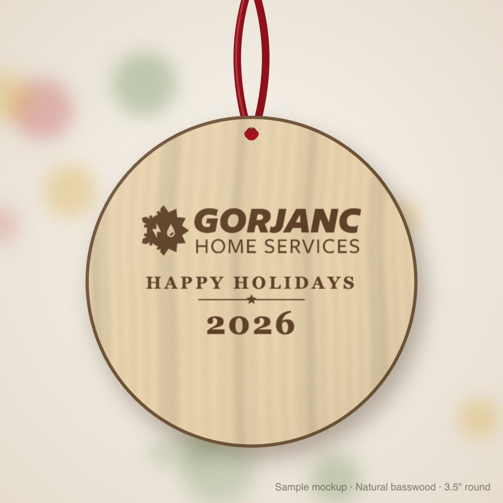 Gorjanc Logo Christmas Ornament in natural basswood (sample mockup)