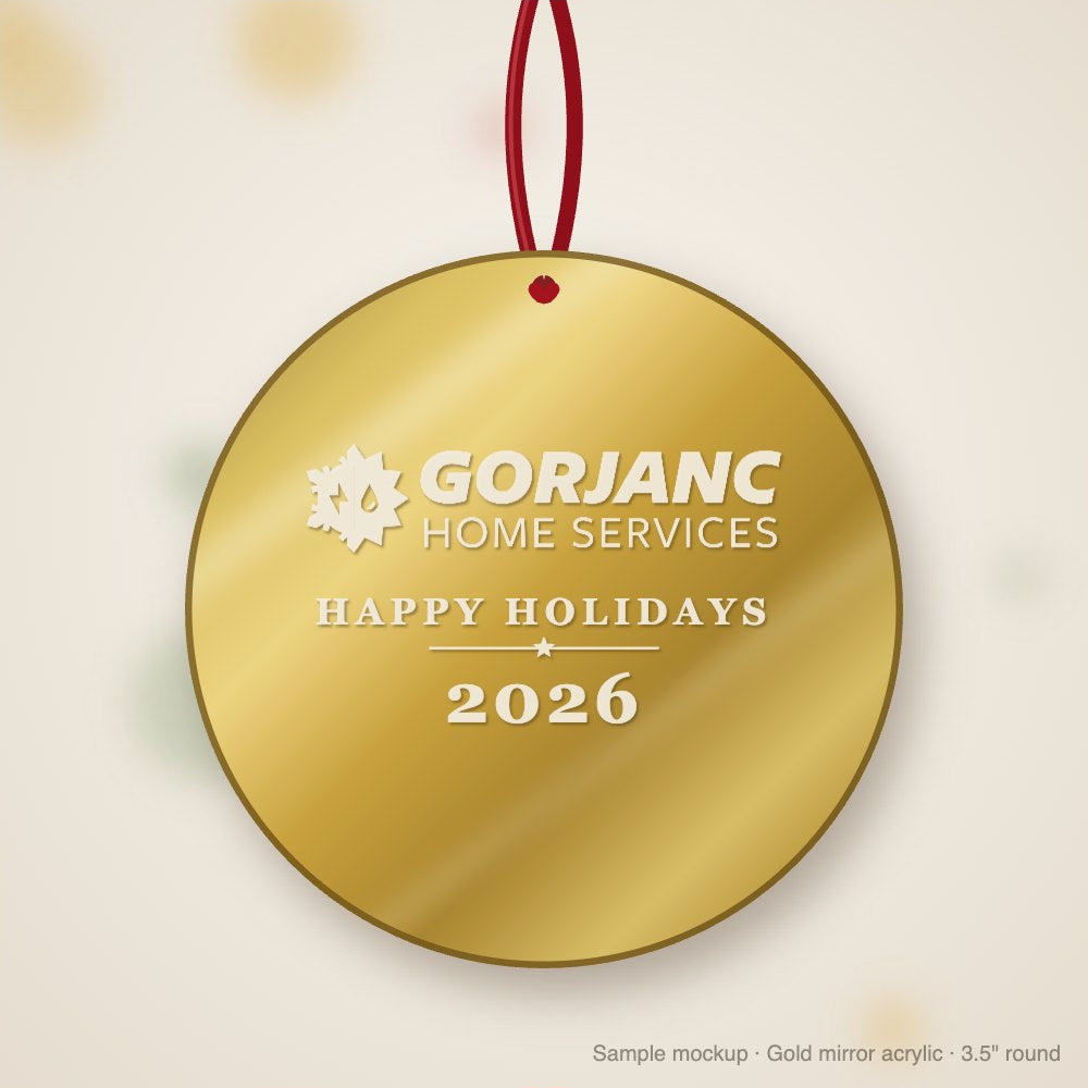 Gorjanc Logo Christmas Ornament in gold mirror acrylic (sample mockup)