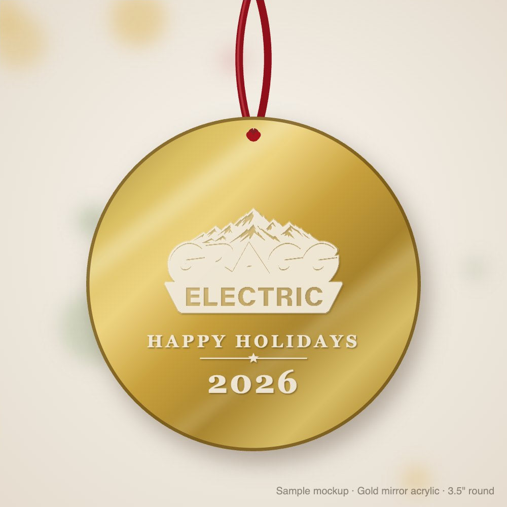 Gragg Electrical Logo Christmas Ornament in gold mirror acrylic (sample mockup)