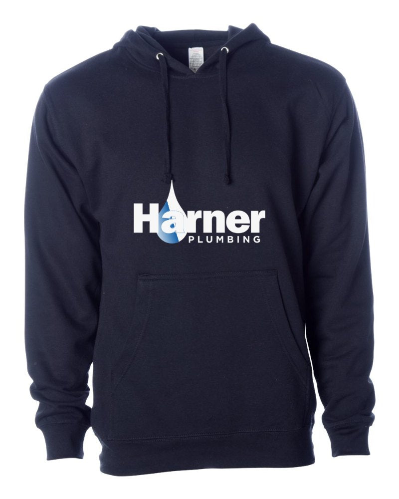 Harner Plumbing Independent Trading Hoodie in Classic Navy (sample mockup)