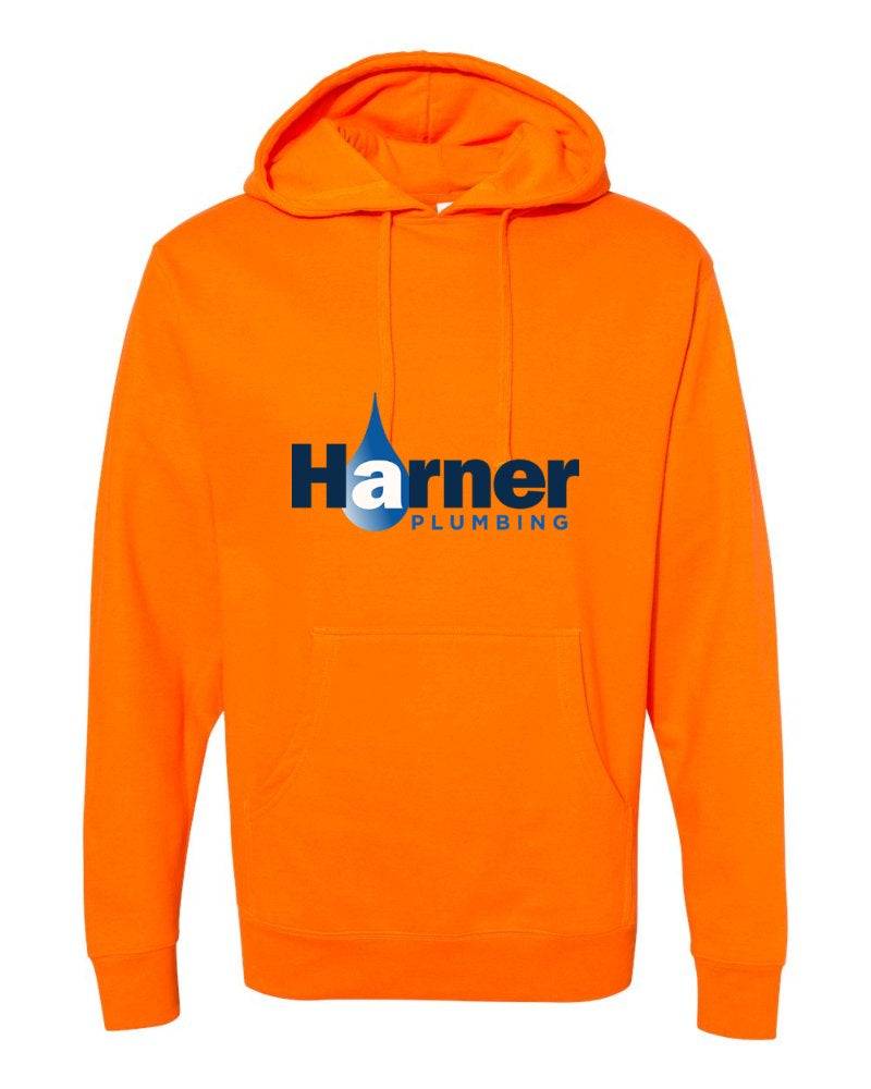 Harner Plumbing Independent Trading Hoodie in Safety Orange (sample mockup)