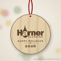 Harner Plumbing Logo Christmas Ornament in natural basswood (sample mockup)