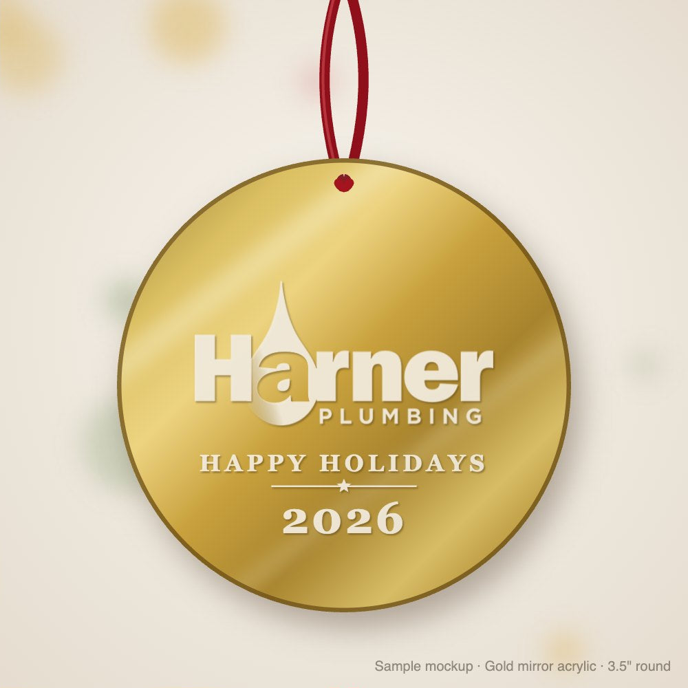 Harner Plumbing Logo Christmas Ornament in gold mirror acrylic (sample mockup)