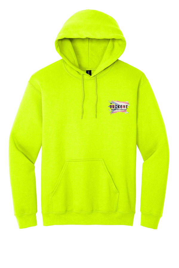 Safety Green hoodie with Buckeye Branding logo - sample decoration